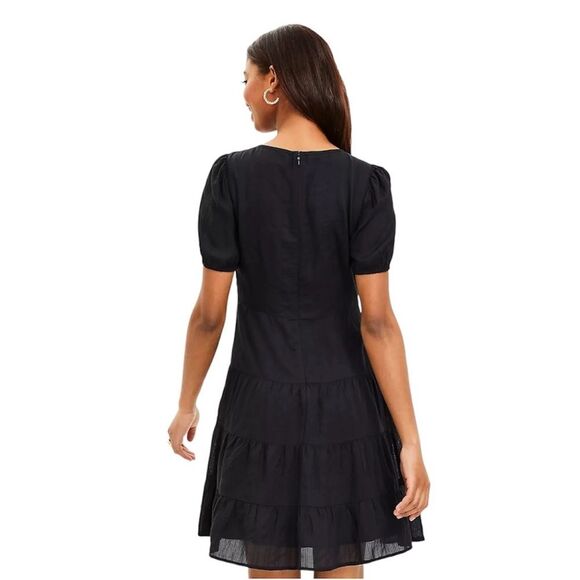 NWT LOFT Women’s Puff Sleeve Fit & Flare Mini Dress with Tiered Skirt Black  12 - Picture 2 of 14